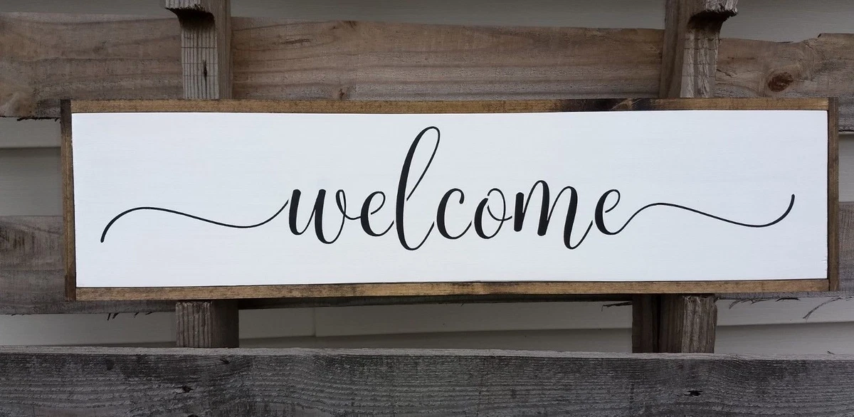 Farmhouse Wood Sign WELCOME Large kitchen Wooden White 5.5X24 framed rustic Sign