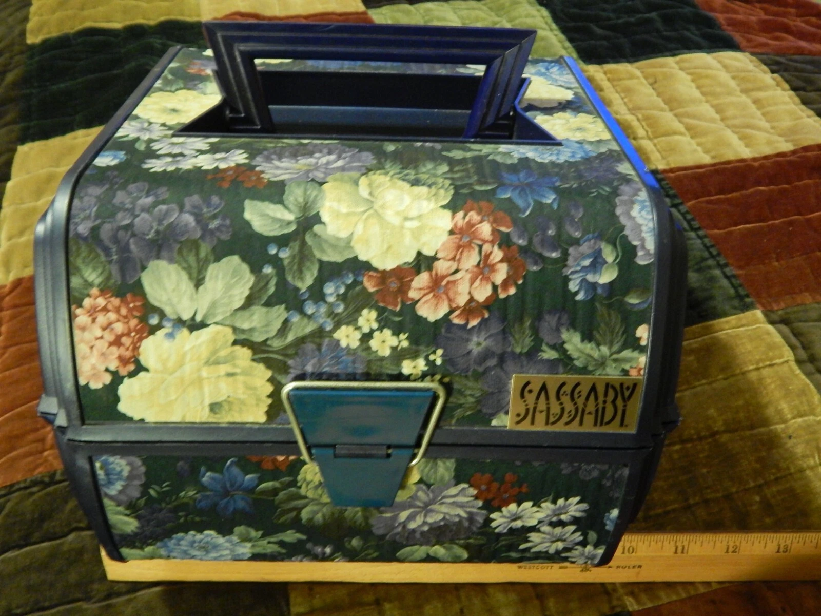 Sassaby Cosmetic Case ~ Makeup Organizer ~ Floral Purple Container w/ Mirror Vtg
