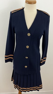 St. John Santana Knit 2pc Pleated Skirt Suit Set Nautical Braid Trim Jacket 6