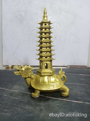 10.6'' China collection Old pure copper Seiko Casting Turtle Tower Statue
