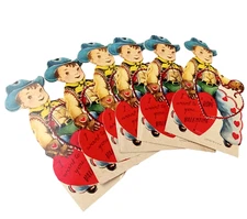 SIX NOS 1930's 1940's Die Cut Stand-Up Valentine Card Boy Rope Lasso Cowboy USA