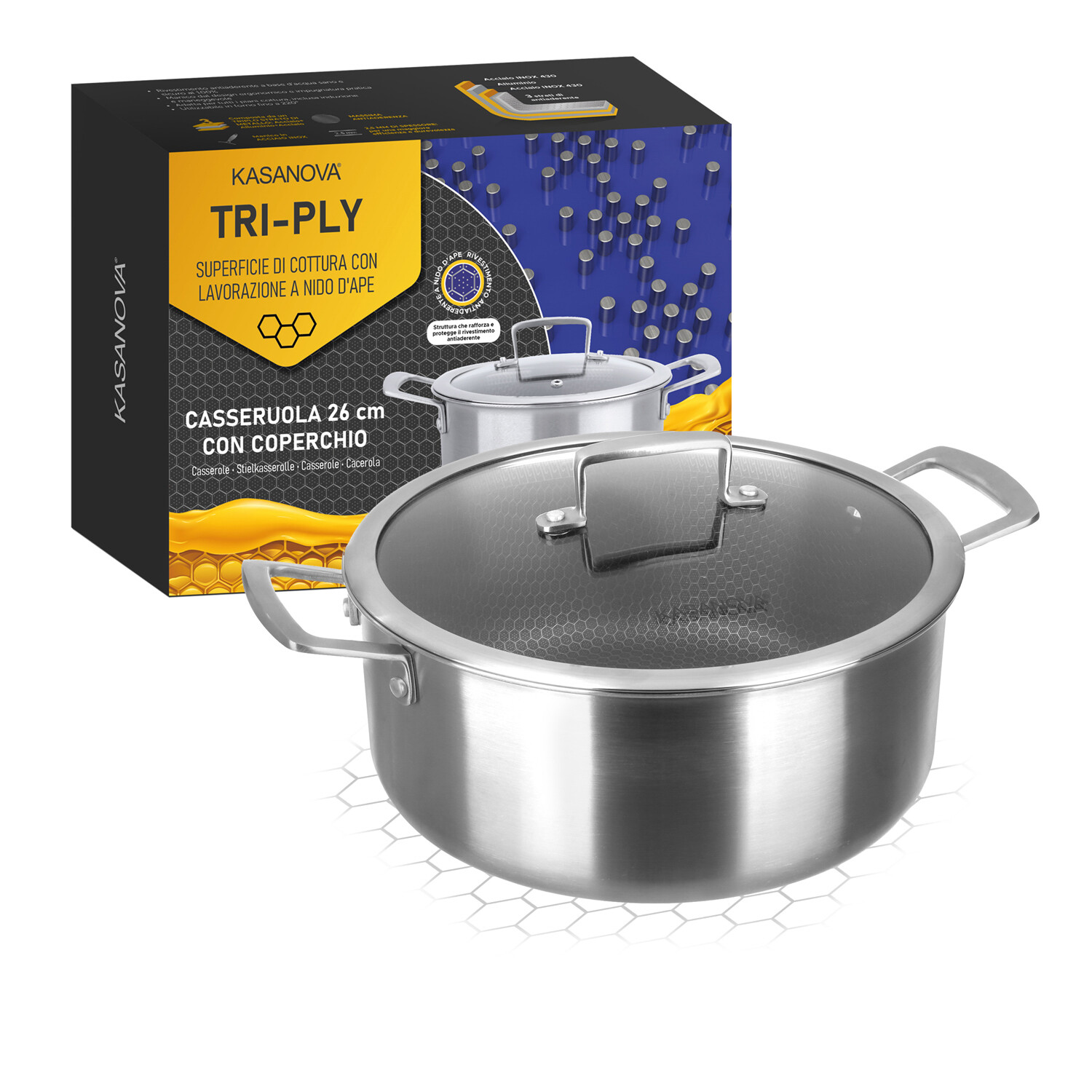 Casseruola 26 cm con coperchio a 3 strati Tri - ply grigio