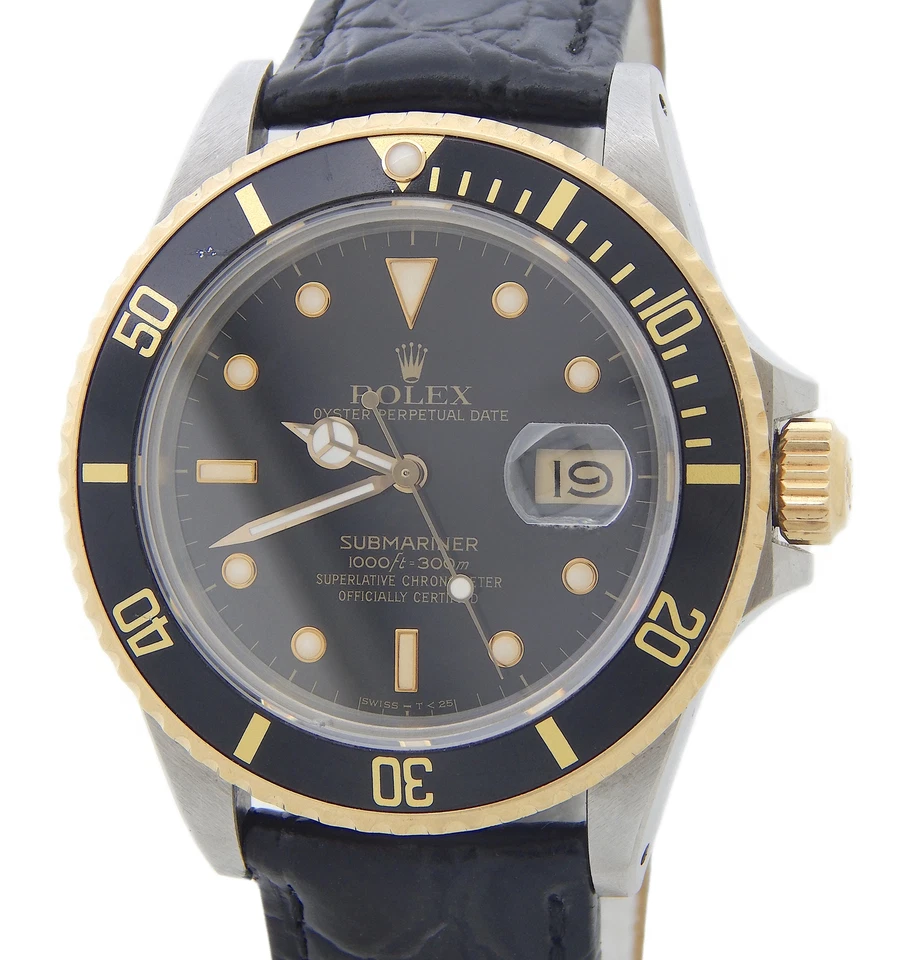 Rolex Submariner 16803 Mens 18k Yellow Gold Stainless Steel Watch Black Dial