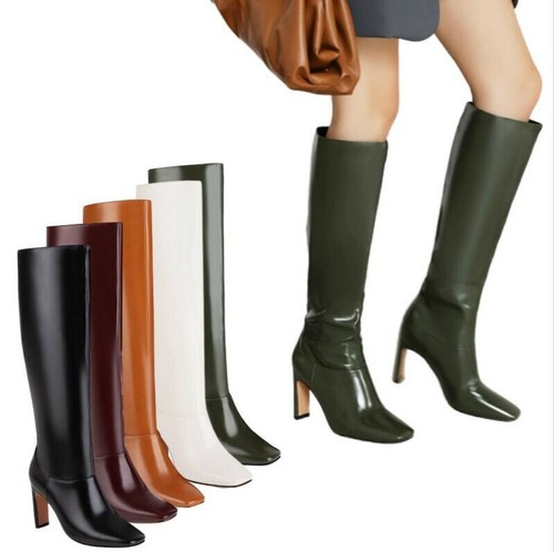 Women Sexy Square Toe Knee High Boots Pumps Cocktail Block Heel Party Shoes Size - Picture 5 of 17