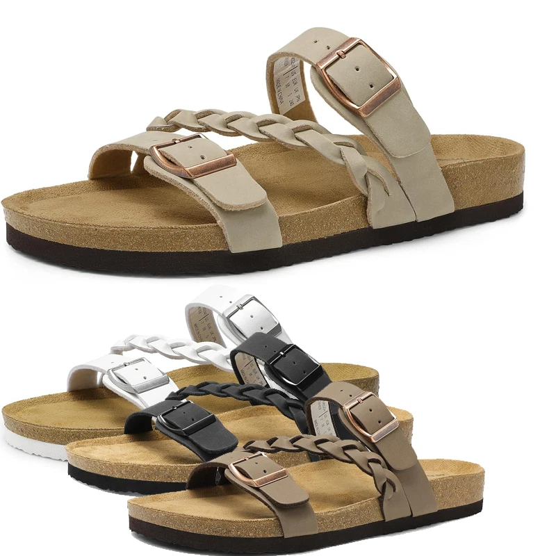 Women Soft Cork Footbed Slide Sandals Comfortable Slip On Flat Sandals