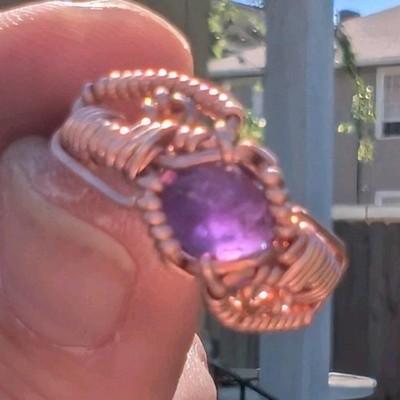 Handcrafted Copper Wire Wrapped Oval Amethyst Ring Size 8 Purple Gemstone