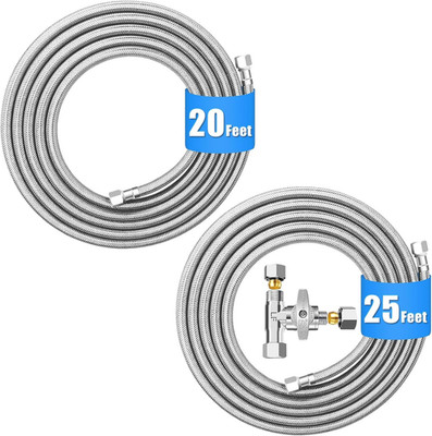20FT Stainless Steel Braided Ice Maker Hose & 25FT Water Line Kit with Tee Valve