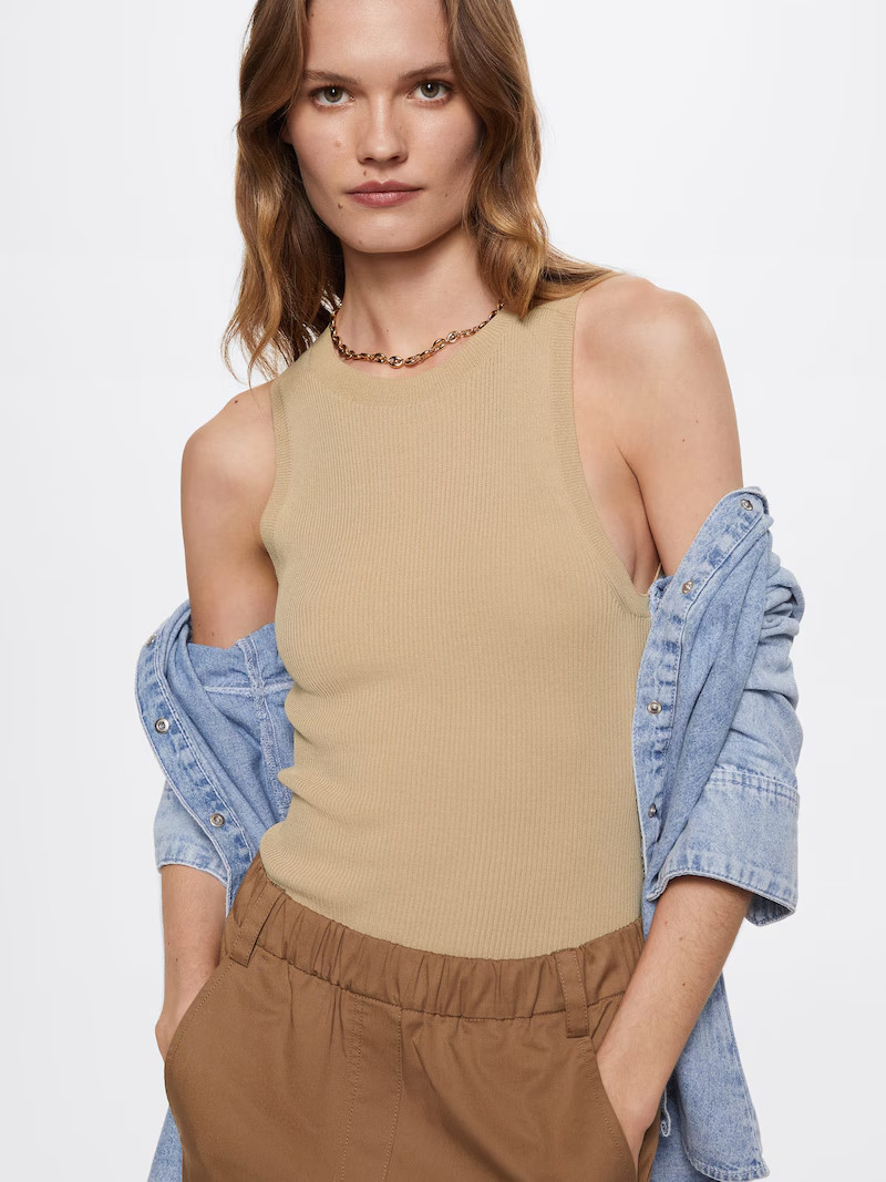 MNG MANGO WOMEN'S 207 KARL TAN ECRU  SLEEVELESS RIBBED CREW TANK TOP MEDIUM NWT