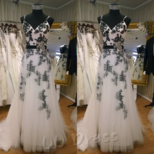 Black Wedding Dresses with Spaghetti Straps A Line Appliques Bridal Gowns