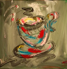 COFFEE   BY  MARK KAZAV - ORIGINAL OIL PAINTING ABSTRACT 11x14 dr2Ef
