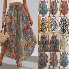 BOHO Women's High Elastics Waist Floral Skirts Long Summer Beach Gypsy Dress UK