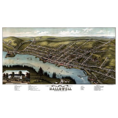 Historic Panoramic View - Hallowell Maine - Stoner 1878 - Vintage Wall Art