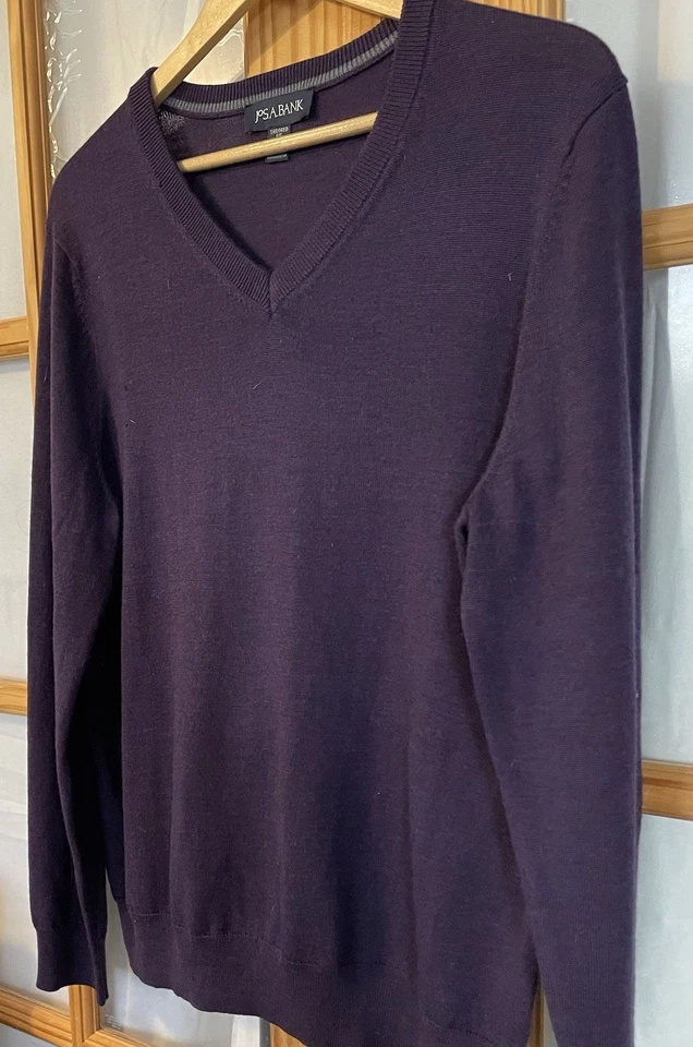 Suéter de Lana Merino Jos A Bank Para Hombre Talla L Pullover Púrpura Cuello en V Clásico Lujo Foto 2 de 4