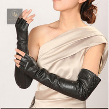 Women's Fingerless Long Leather Gloves Black Genuine Lambskin Handmade Opera