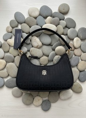 Tommy Hilfiger Black Monogram Logo Zip Crescent Shoulder Bag, Gold Hardware