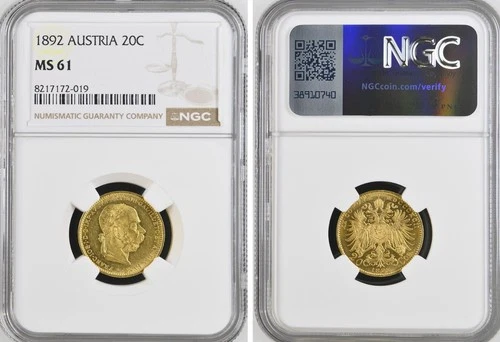 AUSTRIA  , FRANZ JOSEPH GOLD 20 CORONA 1892 NGC MS 61 , RARE8