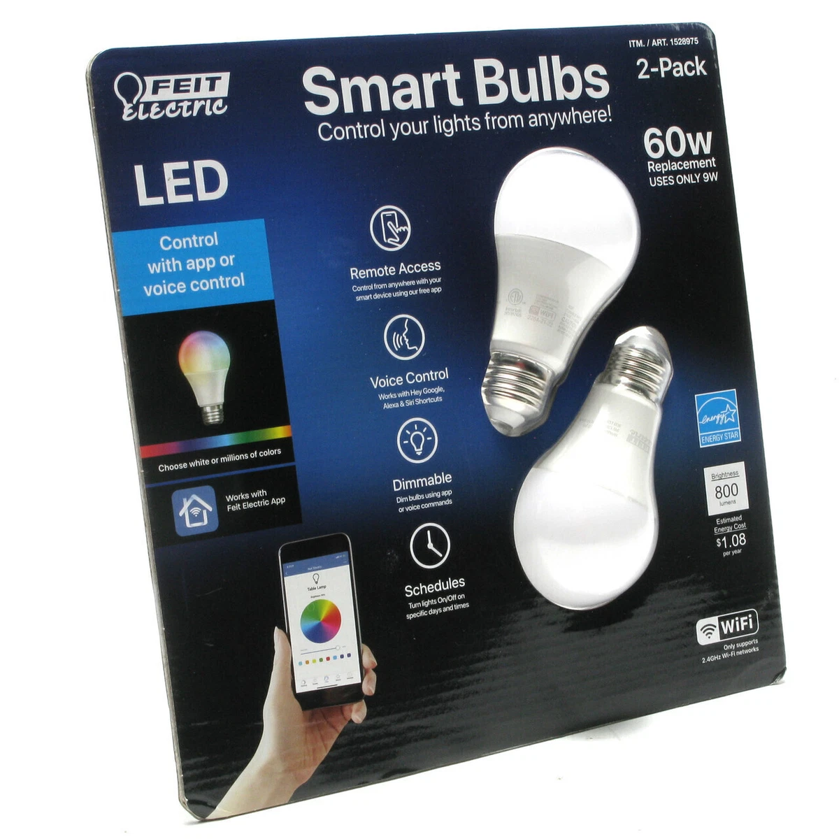 Feit Electric BPA800 RGBW 2 60W equivalent LED Smart Bulbs 2 pack