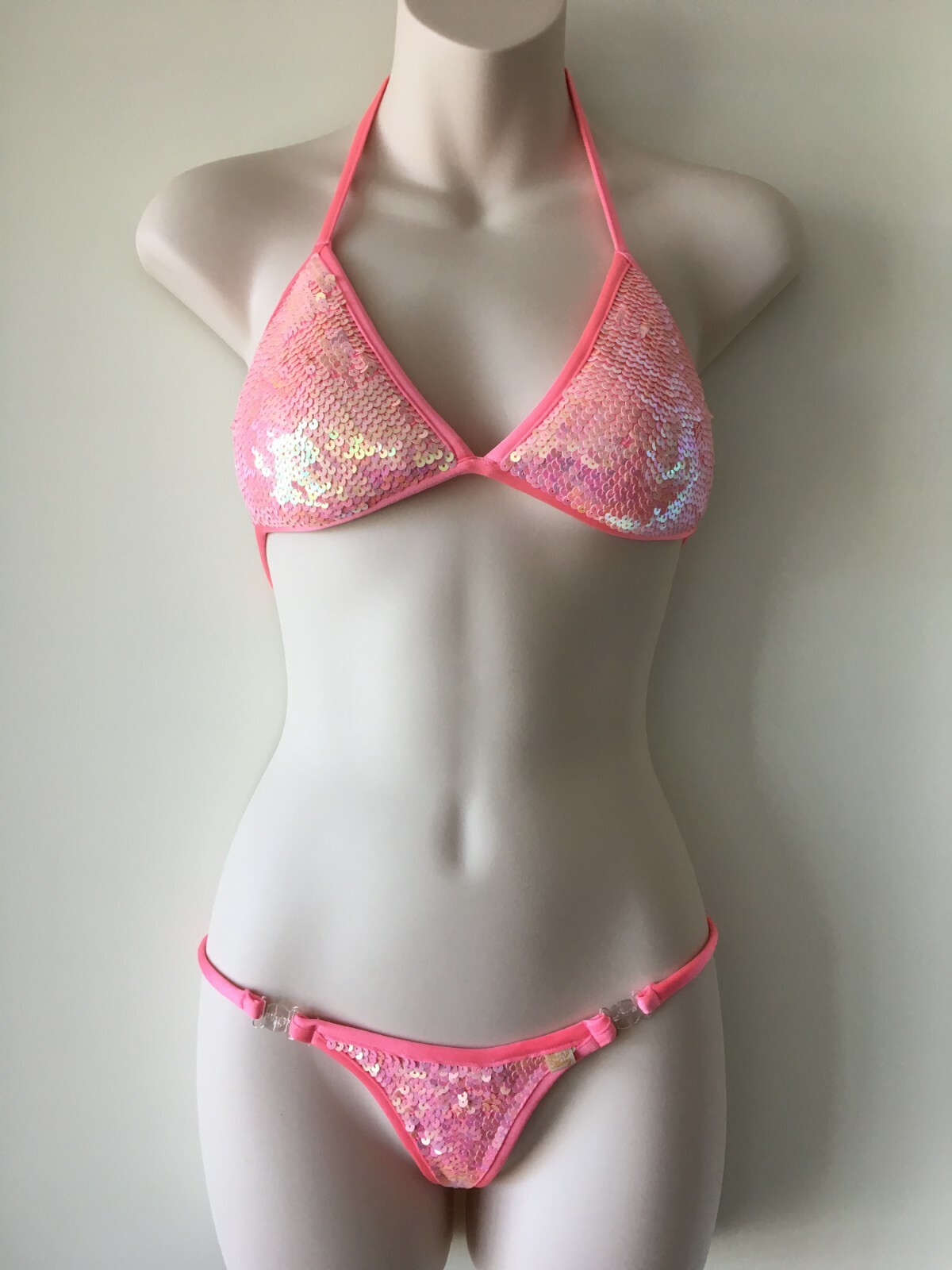 6pc NWT Tayla Moore Pink& Neon Yellow Sequin Micro G-String Stripper Bikini Sets image 2