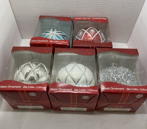Große 2016 Box CVS 4" Weihnachten Glas Ornamente-Set 5 Silber Rot Blau - Bild 3 von 9