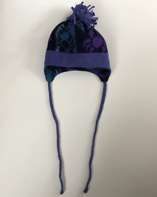 Vintage 90s Purple Teal Blue Crab Print Kids Fleece Winter Beanie