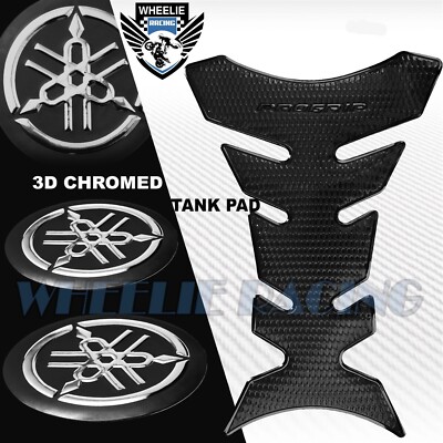 PERFORATED BLACK PRO GRIP FUEL TANK PAD+2'' CHROME 3D YAMAHA LOGO EMBLEM STICKER