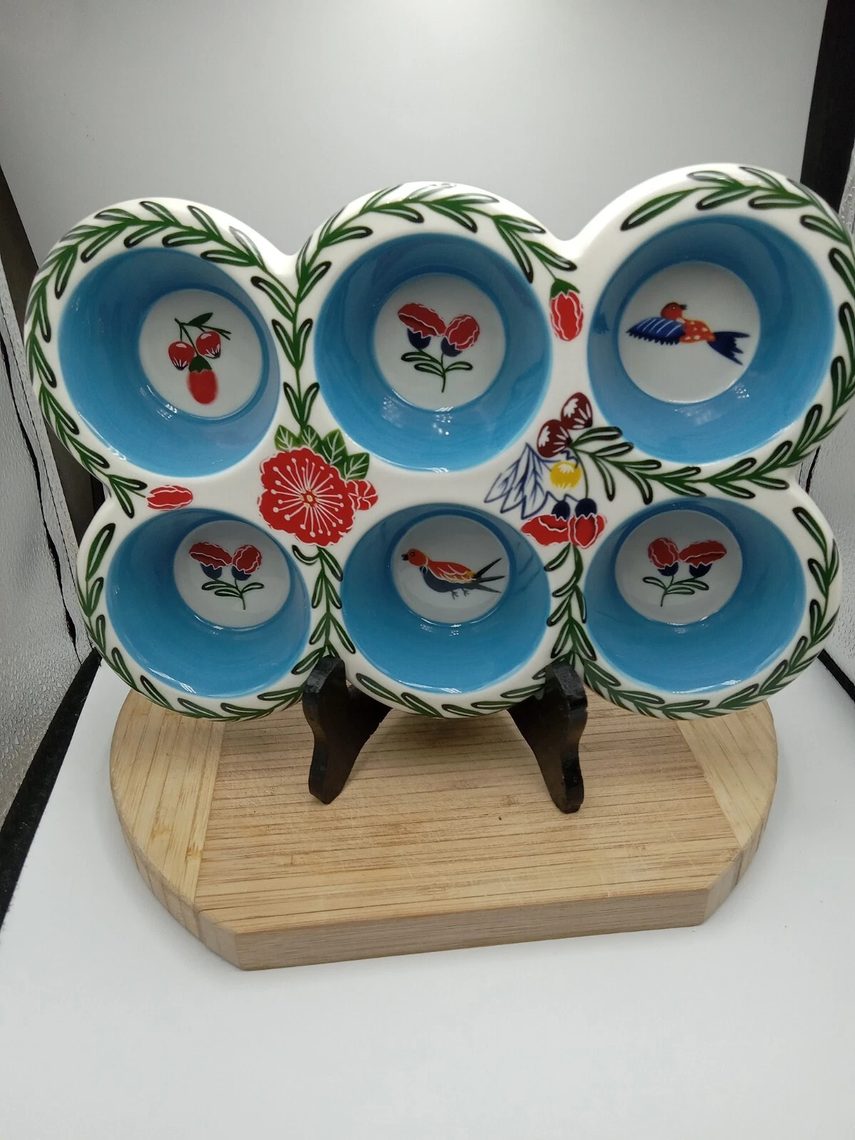 Potter's Studio ceramic painted floral bird blue mult 6 cupcake/muffin bake pan