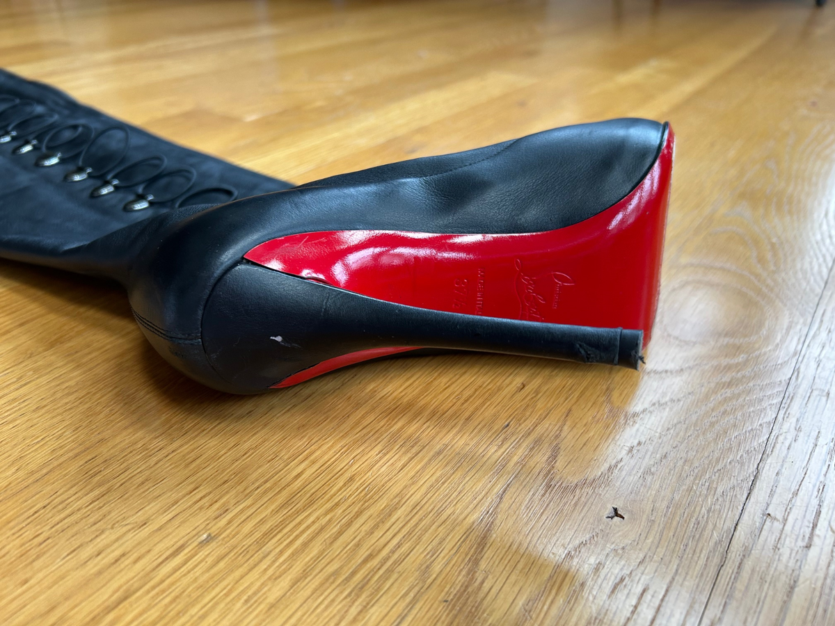 CHRISTIAN LOUBOUTIN Top Croche 120 Black Leather Over-The-Knee