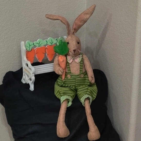 Begonia Market Burlap Fabric Easter Bunny in Green Overalls Holding Carrot - Image 2 of 4