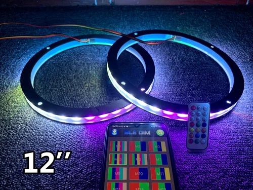 2x 12'' Color Chasing LED Speaker Ring Lights Car Audio Bluetooth+Remote Control