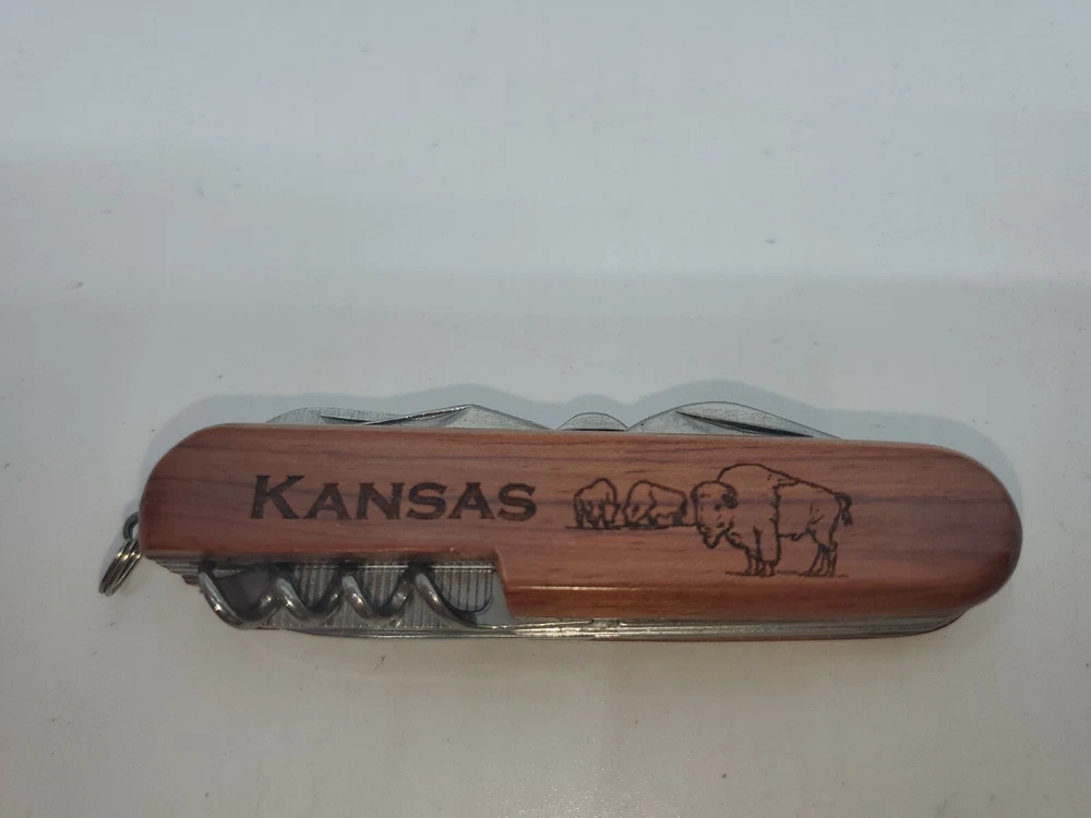 Multi-tool Pocket Knife Bob Kansas Buffalo Engraved  On Wood  Handle