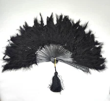 Vintage Black Ostrich Feather Hand Fan with Decorated Plastic Spokes 11"