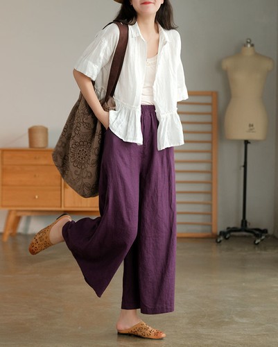 Summer Women Retro Loose Linen Wide Leg Comfortable Casual Straight Leg Pants - Picture 20 of 29