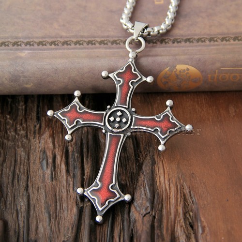 Men's Gothic Bloody Red Enamel Solid 316L Stainless Steel Cross Necklace Pendant - Picture 16 of 16