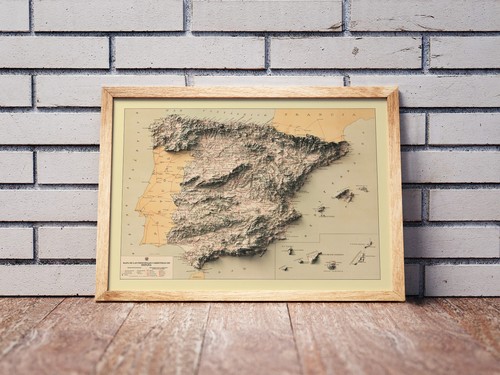 Mappa Spagna, Spagna Mappa 2D in rilievo, Spagna Mappa d'epoca - Stampa piatta 2D - Foto 4 di 8