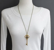 antiqued Gold key necklace 27" long necklace chain skeleton key pendant