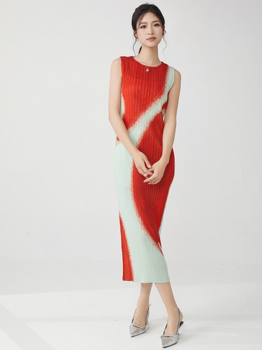 Womens Summer Round Neck Pleated Sleeveless Colorblock Fashion Long Pencil Dress - Imagen 15 de 26