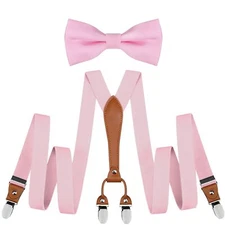 Y Style Suspenders and Bowtie Set Men's Elastic Band Pink Suspenders for Wedd...