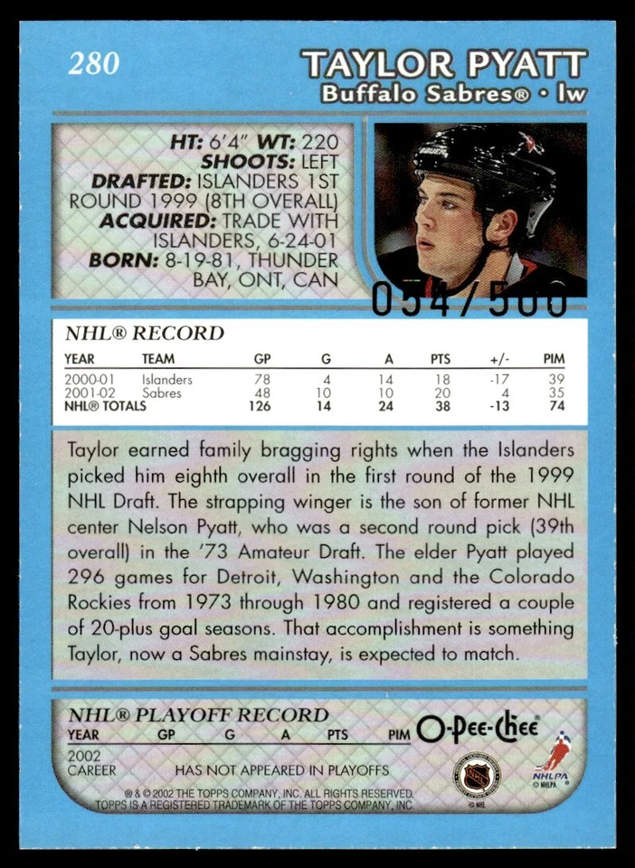 2002-03 Topps O-Pee-Chee Blue Line Taylor Pyatt 054/500 Buffalo Sabres #280 - Image 2 of 2