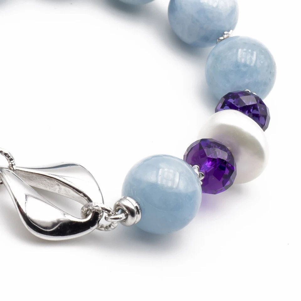 Bracciale in Acquamarina Ametista e Perla pietre dure naturali e Argento rodiato - Immagine 4 di 4