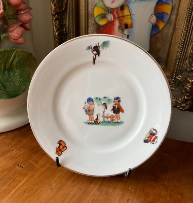 CHILD'S PLATE RFH Richter Falke Hahn CHODOV Czechoslovakia BOY GIRL CAT & BIRD