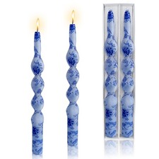 2 PCS Flowers Printed Blue Twisted Spiral Smokeless Taper Candles 10 Inch