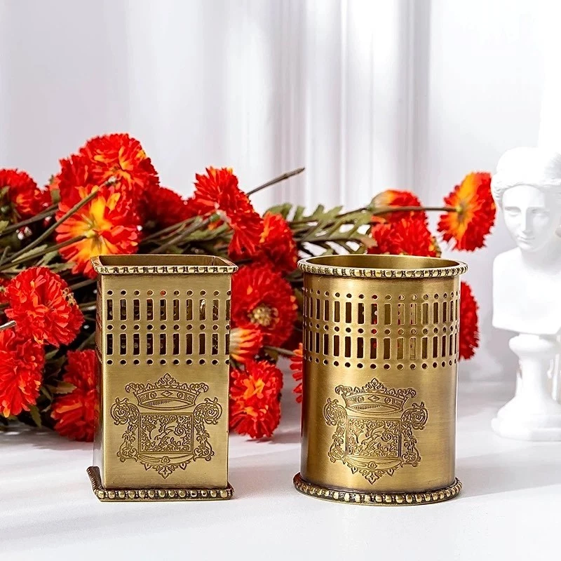 Juego de soporte de utensilios de latón vintage - Organizador de cubiertos dorado antiguo Foto 2 de 4