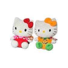 Lot of 2 NWT TY Hello Kitty Plush 6” Pumpkin 2012 Halloween & 2010 Red Overalls