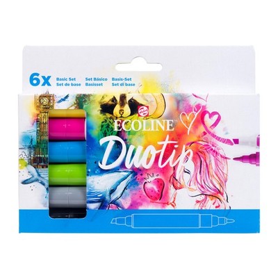 Ecoline Duotip flüssige Aquarellstifte 6er-Set   Grundfarben   Stifte mit feiner