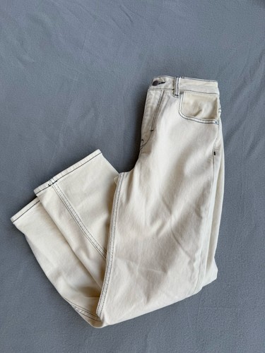 MAJE Purete Contrast-Stitch Straight-Leg Jeans With Ecru Sz 36 Small Beige
