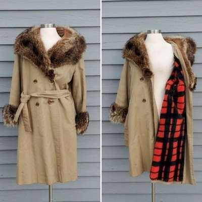 Vintage 90s y2k Camel Tan Plaid Pile Lined Fur Collar Cuffs Belted Trench Coat L