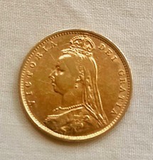 1892 UK Gold Half-Sovereign Coin, Queen Victoria Jubilee Head, Shield Back