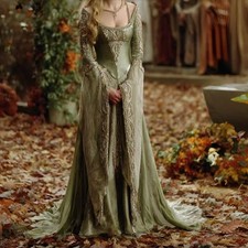 Medieval Renaissance Fantasy Evening Dress Olive Green Gown Long Flared Sleeves