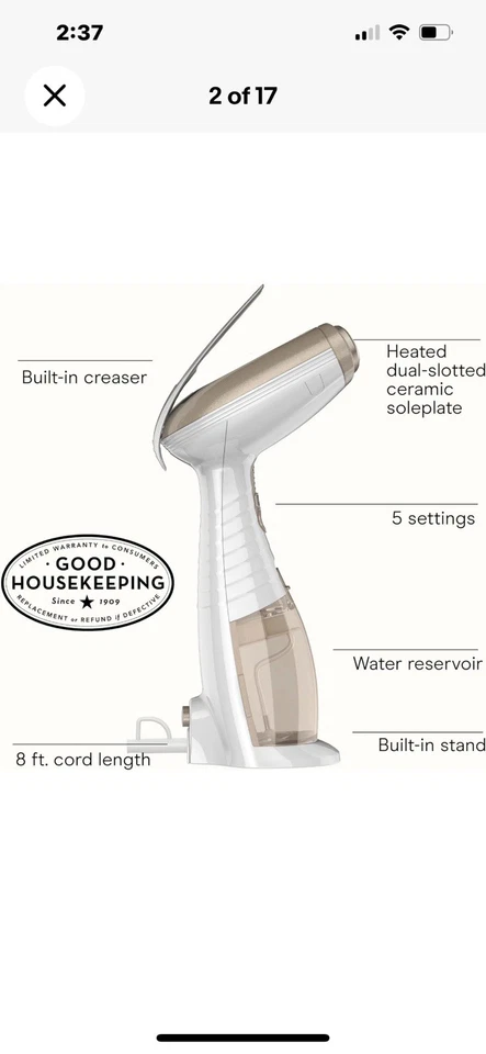 Conair 手持服装蒸发器 1875W 白色/香槟使用一次 72 美元标价 — 第 4/4 张图片