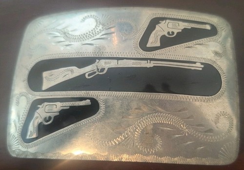 Johnson Held belt buckle With Guns- 100% hand crafted 4" X 2 ⅝" Denver Colorado 